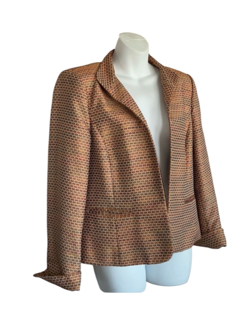 ELLEN TRACY Blazer, gold rust tweed, open, slit pockets, turn back cuff. 10